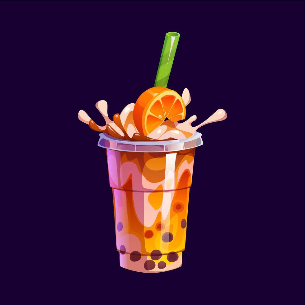 Milk bubble tea cup with orange fruit and splashes vector