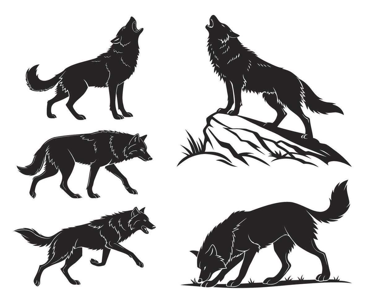 Set of five black wolf silhouettes showing different poses and actions in nature vector