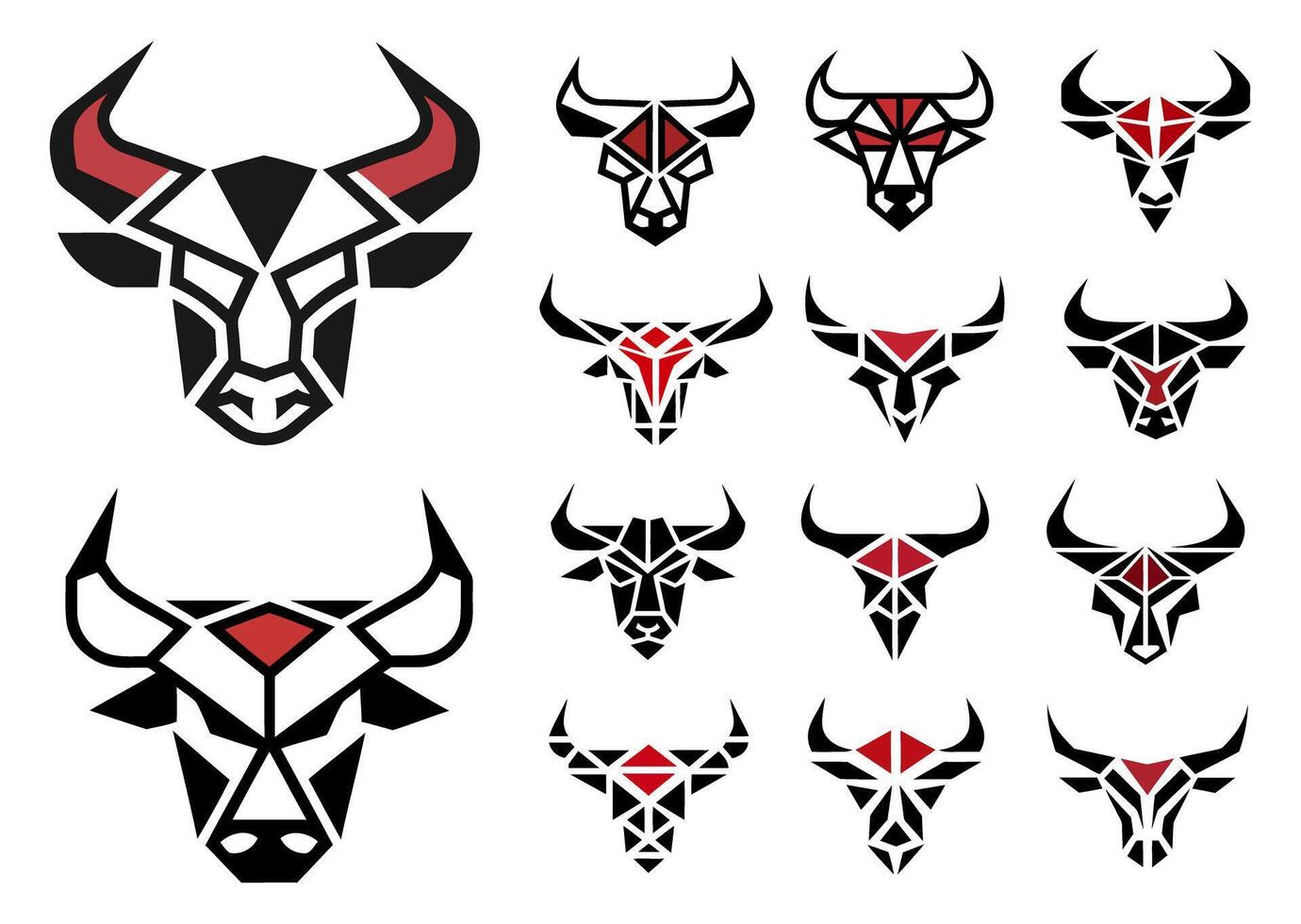 Geometric Bull Head Logo Set with Red and Black Abstract Designs vector