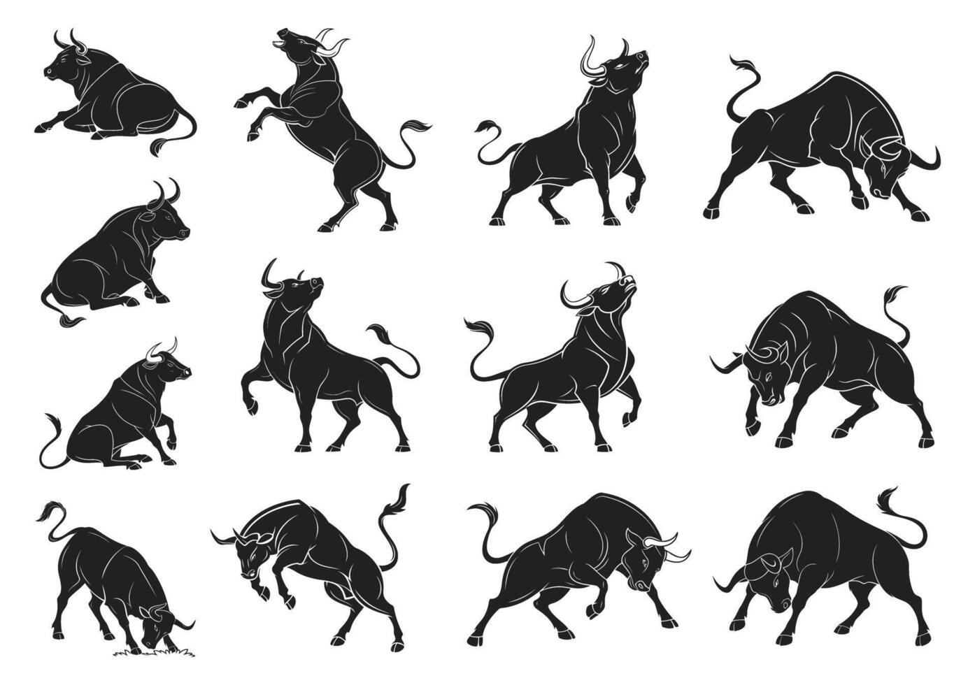 Bull Silhouette Set Strong Aggressive Bulls in Various Poses for Design vector