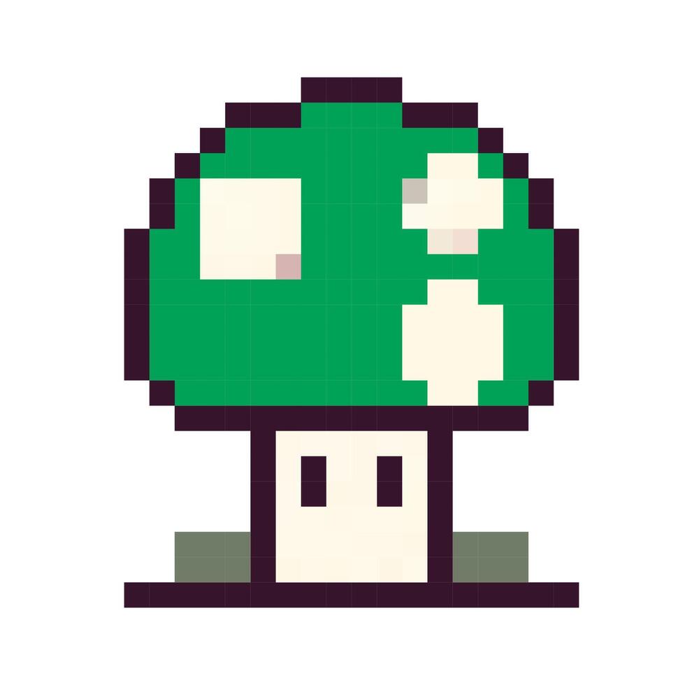 Green pixelated mushroom with white spots, showcasing retro game design and nostalgic aesthetics vector