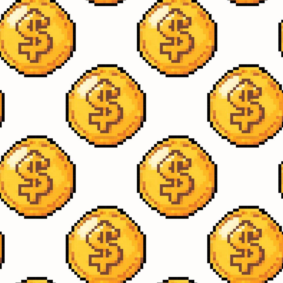 Repeating pattern of pixelated gold coins with dollar signs on a white background, ideal for gaming or finance themes vector