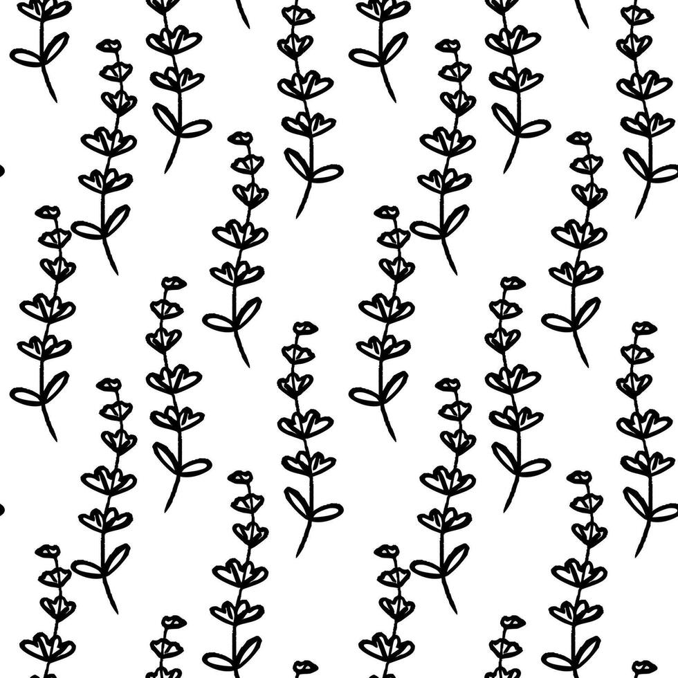 Beautiful black and white floral pattern with delicate flower stems on bright background. vector