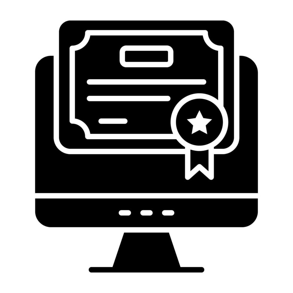 Paper with ribbon inside PC, glyph designs of online certificate icon vector