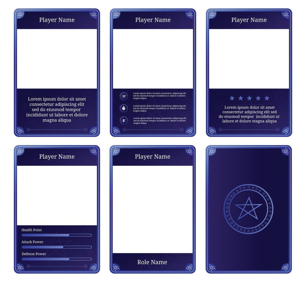 complete game card template with ancient wizard spell theme and dark blue color combination, for game ui, trading card game, and player collection card purposes. available with 10 eps files vector
