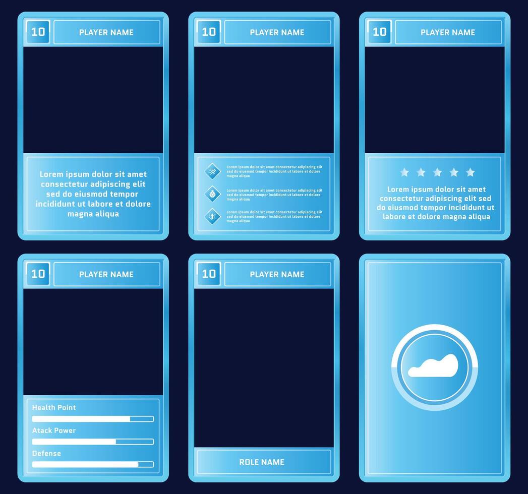 complete game card template with bright sky theme and blue color combination, for ui game, trading card game, and player collection card purposes. available with eps 10 file vector