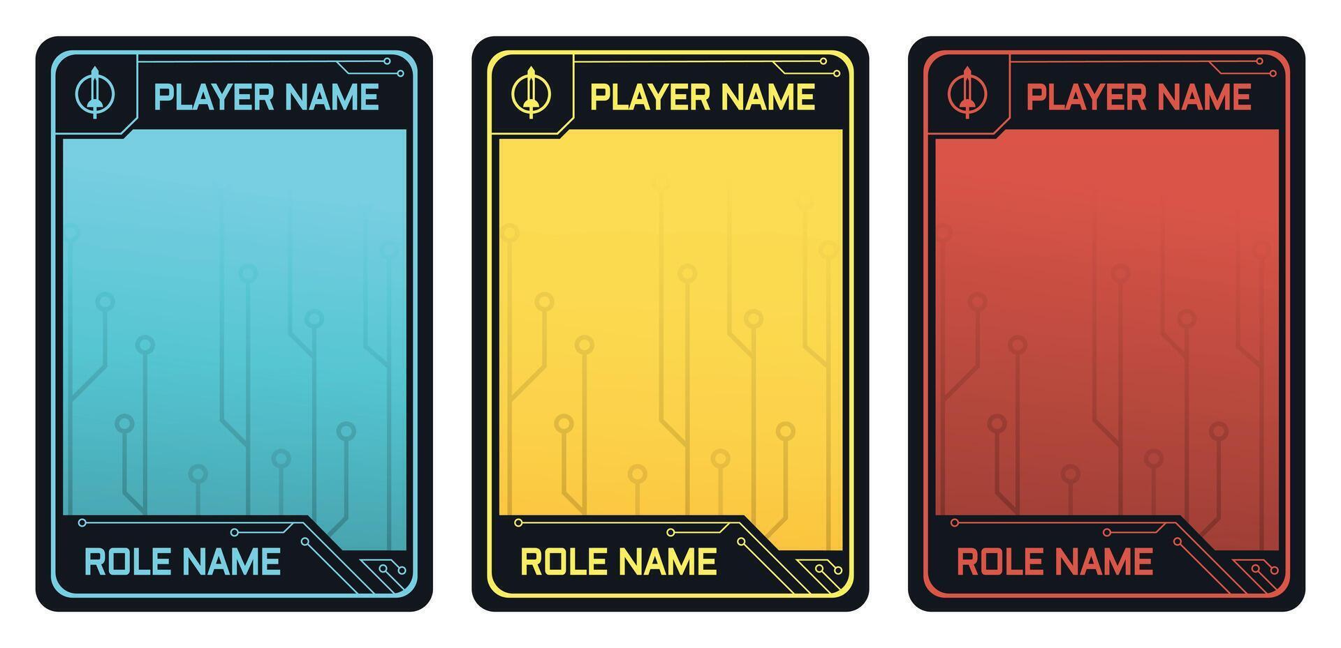 game card template with modern robot theme and three color pack option for trading card game, player card collection vector