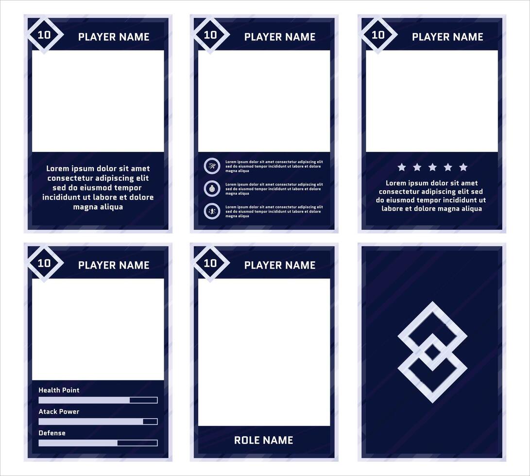 complete game card template with a classic geometric theme and dark blue and white color combination, for ui game, trading card game, and player collection card purposes. available with eps 10 files vector