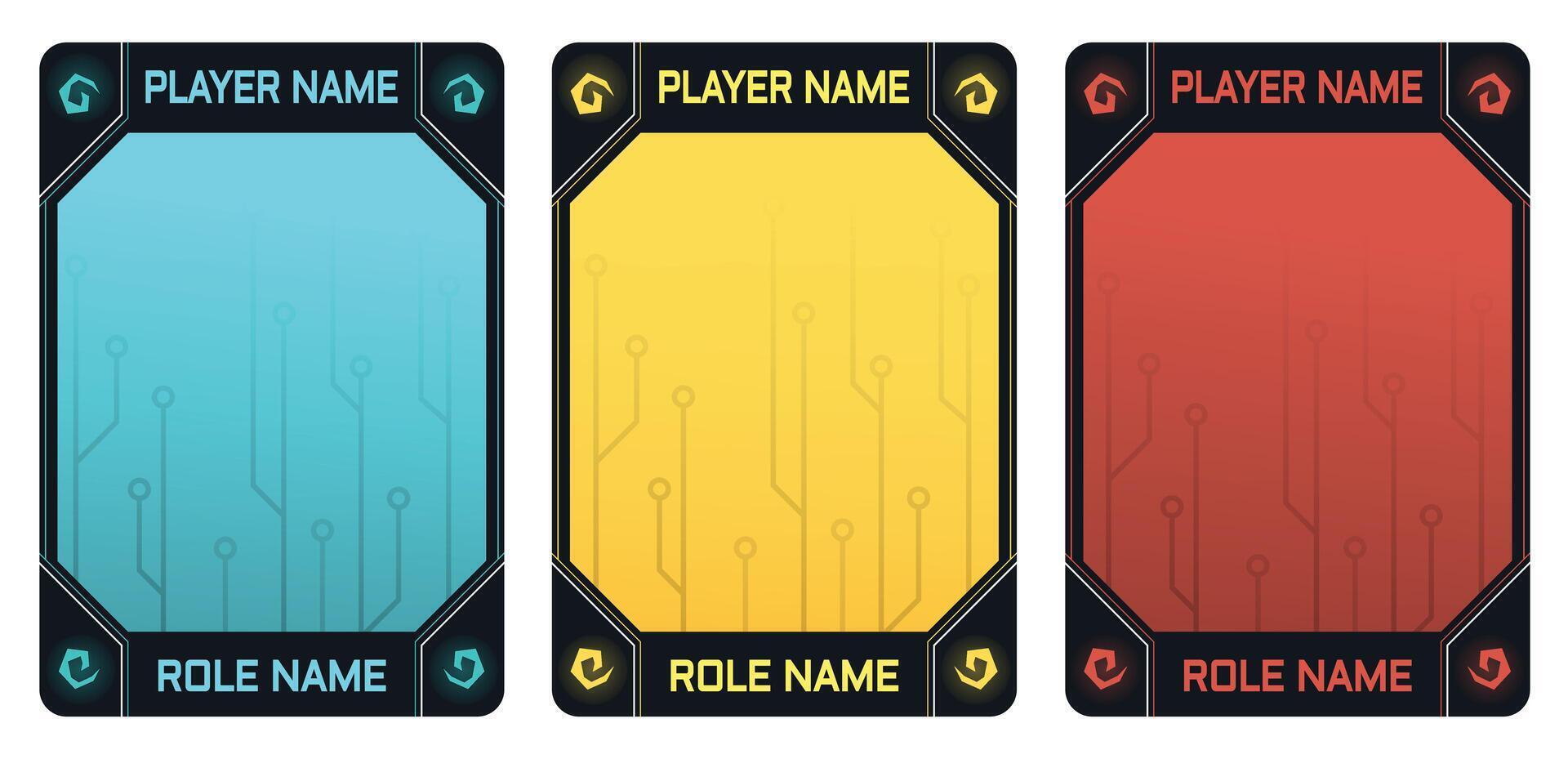 game card design template with modern robot theme and three color pack option for trading card game, player card collection vector
