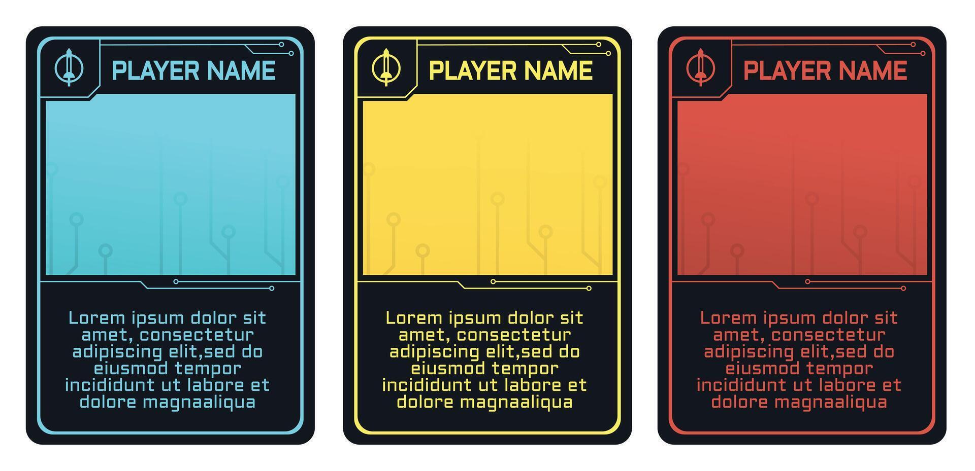 complete game card template with modern robot theme and three color pack option for trading card game, player card collection vector