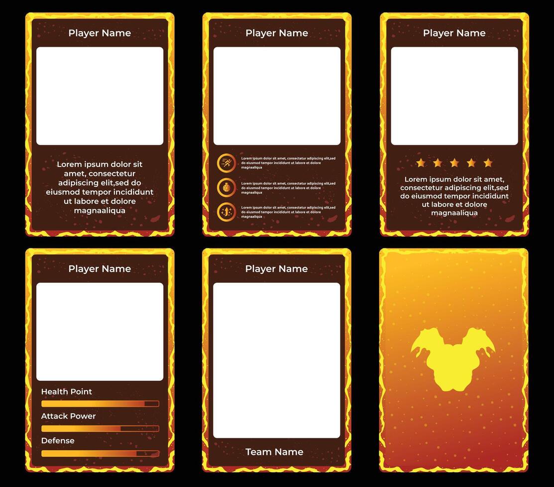 game card border template with hot magma theme and fiery red and yellow colors. for trading cards, cards in games vector