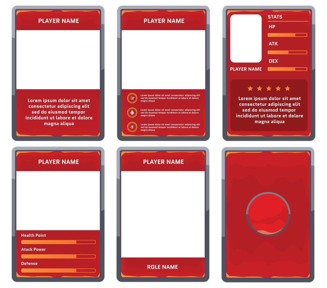 complete game card template with outdated card theme and red and orange color combination, for ui game, trading card game, and player collection card purposes. available with eps 10 files vector