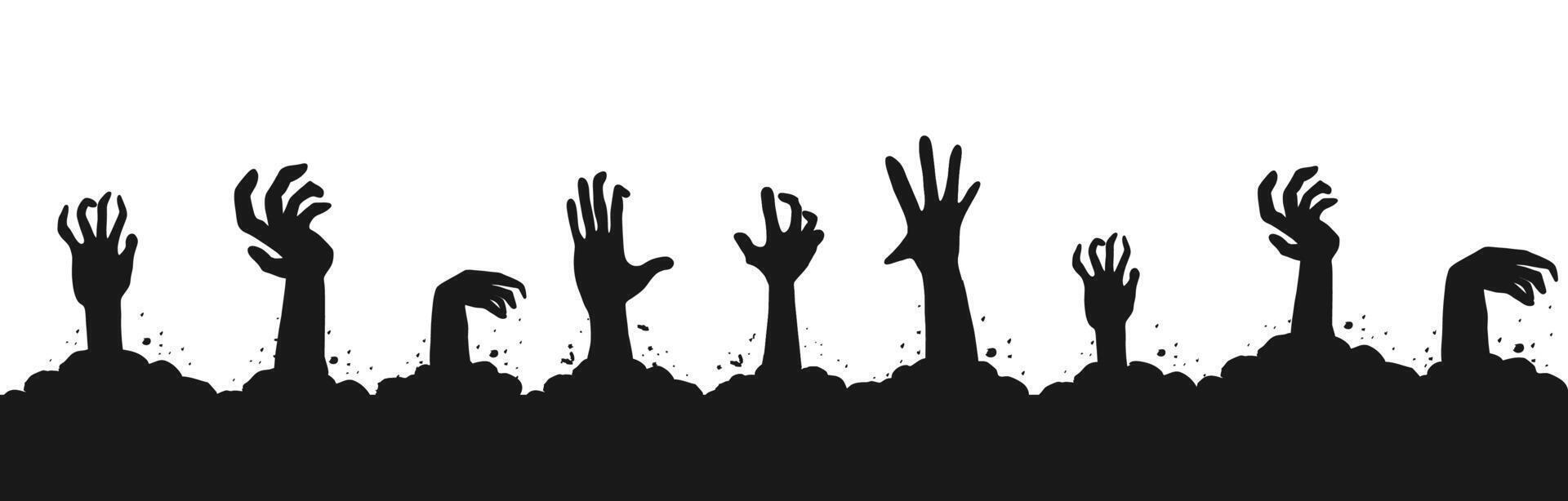 Zombie hand border, monster hand halloween silhouette rising arms. Black scary background with grave ground and creepy shadows. vector