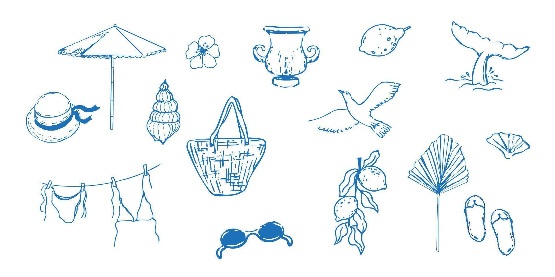Summer seashore greek sea tourism, rest sketch drawing. Line hand drawn beach party elements. Vacation doodle tropical print vector