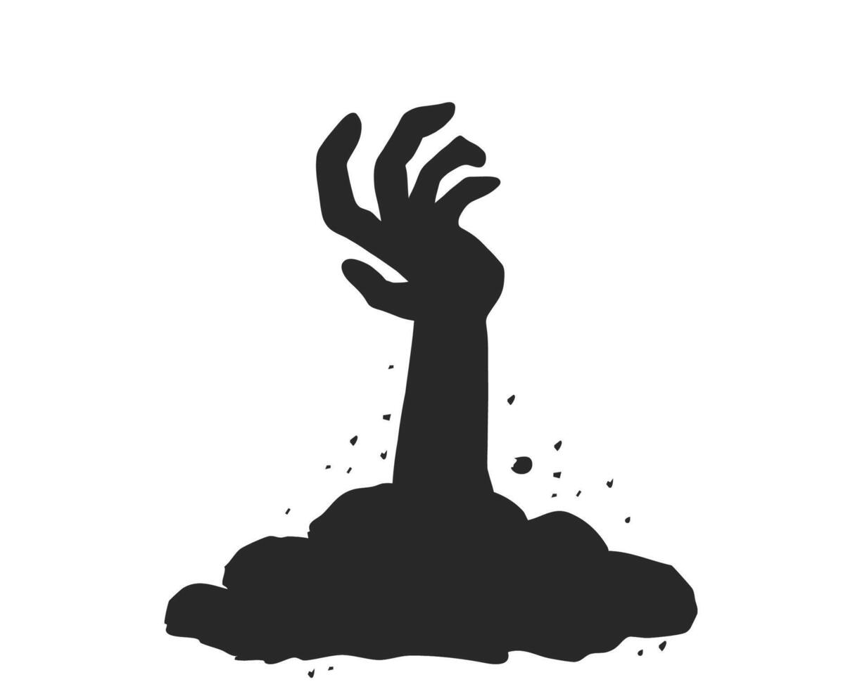 Spooky zombie hand silhouette rising from the ground on Halloween night. horror element for scary design. Creepy Halloween hand silhouette reaching up from graveyard soil vector