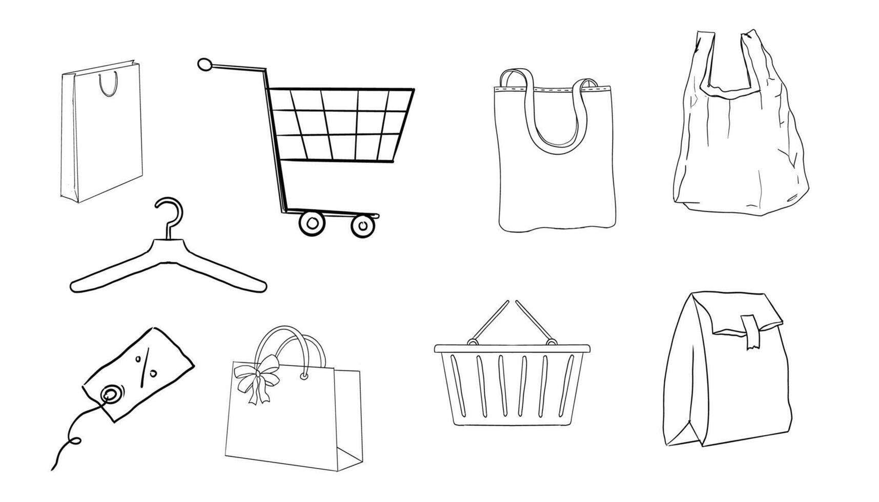 Doodle set shopping icons cart, bag, basket, gift, coupon, money Sketch style illustrations for ecommerce, sale, delivery, and fashion store themes. Isolated and cute. vector