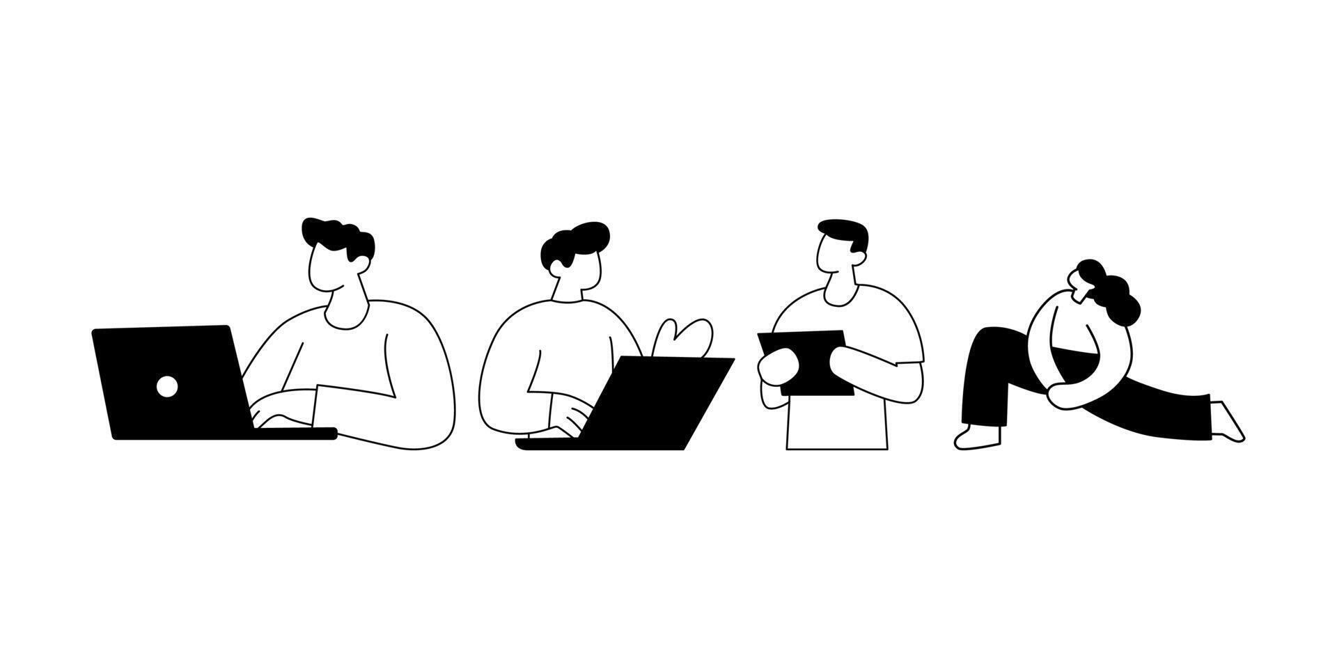 People sitting and working on laptops in different positions vector