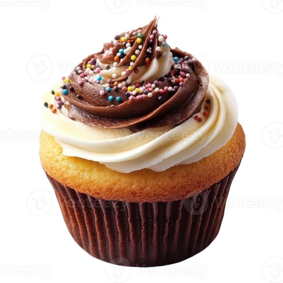 Deliciously decorated cupcake topped with chocolate frosting png