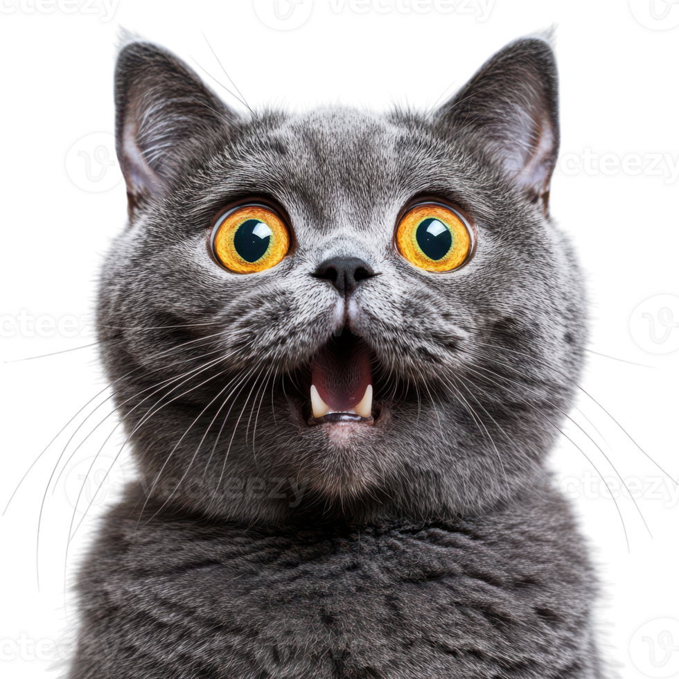 Enthusiastic gray cat with wide eyes on a neutral backdrop png