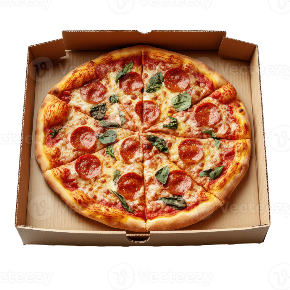 Freshly baked pepperoni pizza in a takeout box png