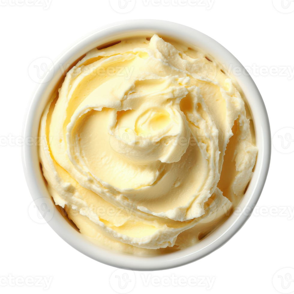 Creamy butter swirls in a white bowl, ready for spreading png