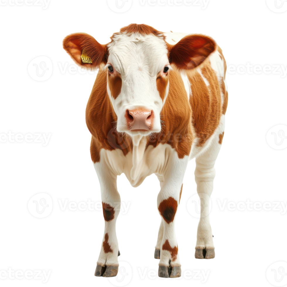 Playful brown and white calf standing in bright light png