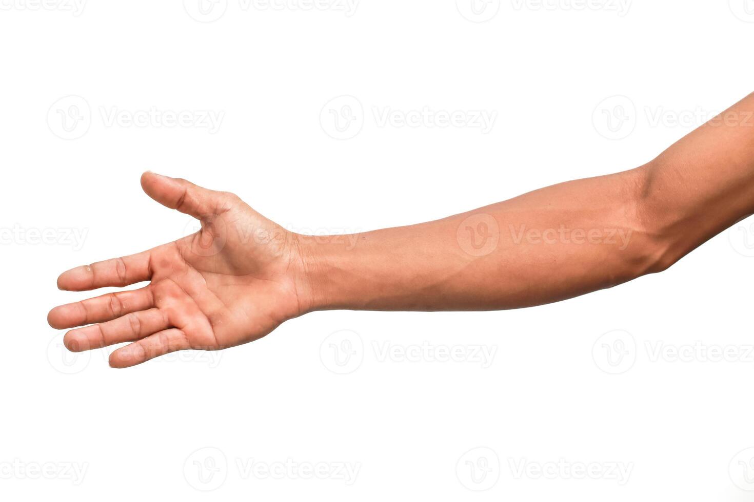 An isolated male arm extending with open palm offering handshake or assistance on white photo