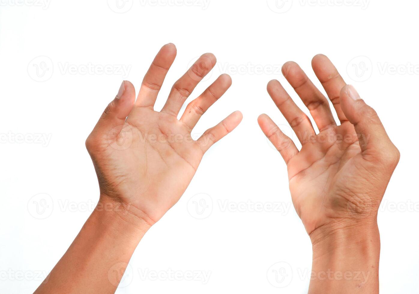 Two outstretched hands reaching up against a clean white background expressing human connection photo