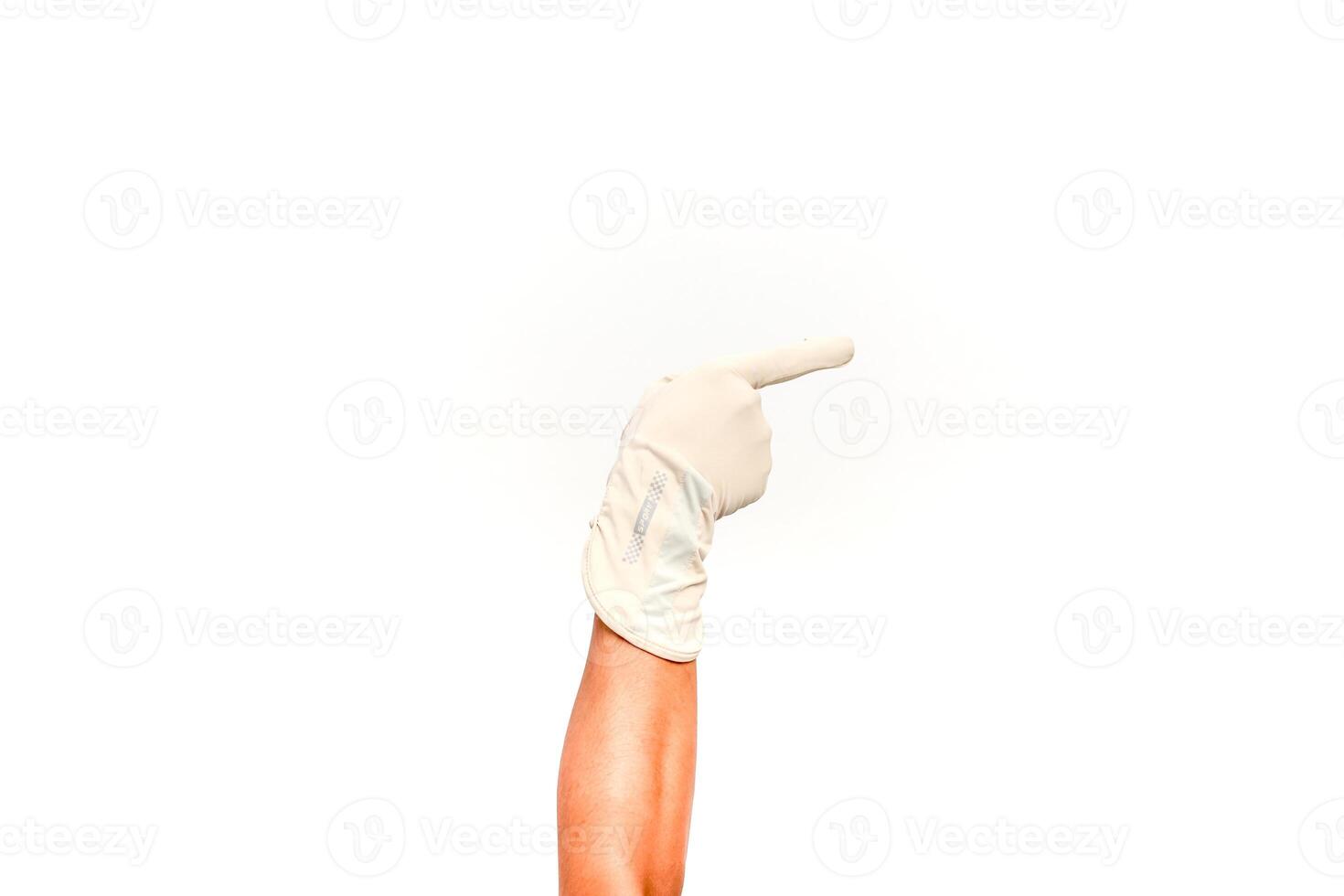 Hand in medical glove pointing to the right, isolated on a white background ready for your text or design element photo