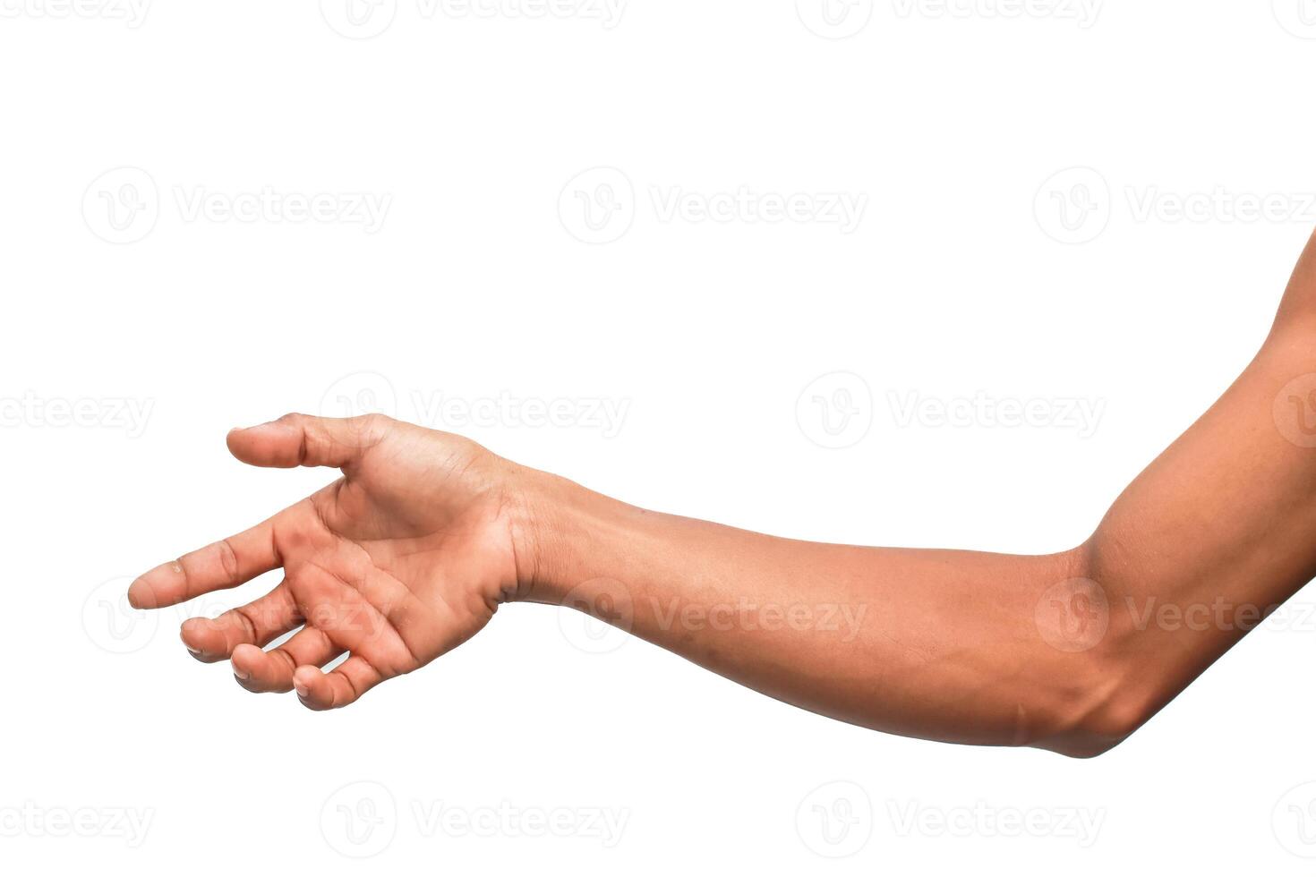 Isolated arm reaching out with an open hand on a white background, inviting or offering something photo