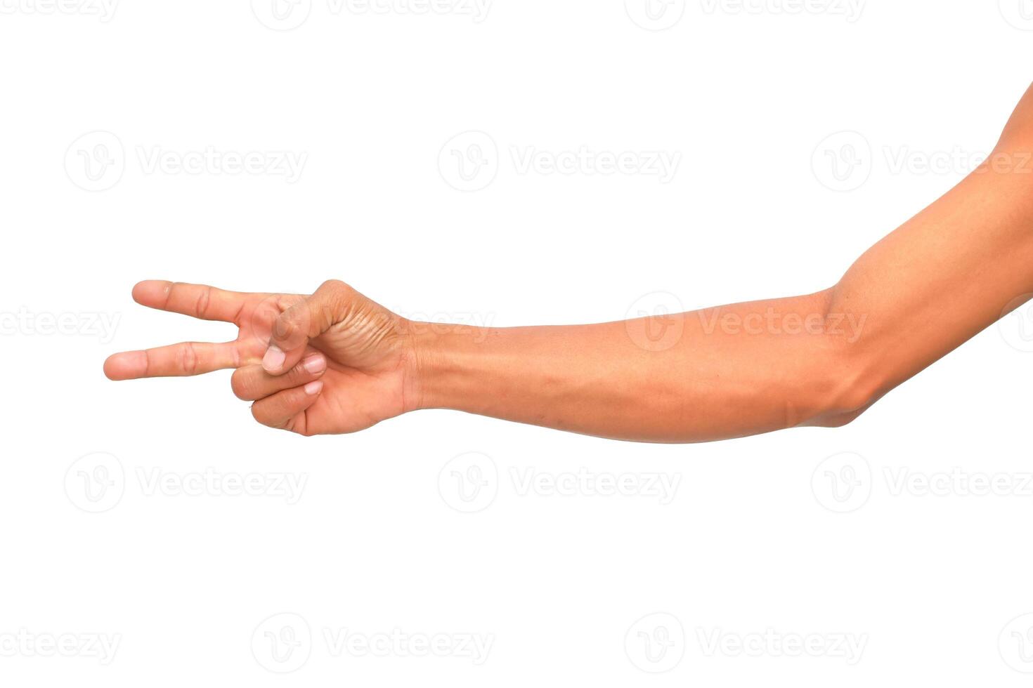 Human arm outstretched with two fingers extended in a 'peace' or 'victory' sign, isolated on white, offering creative possibilities photo