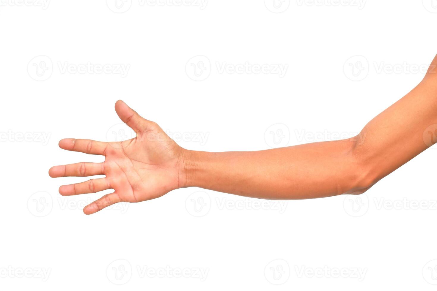 Human arm extending with an open hand against a clean white background for medical or educational content photo