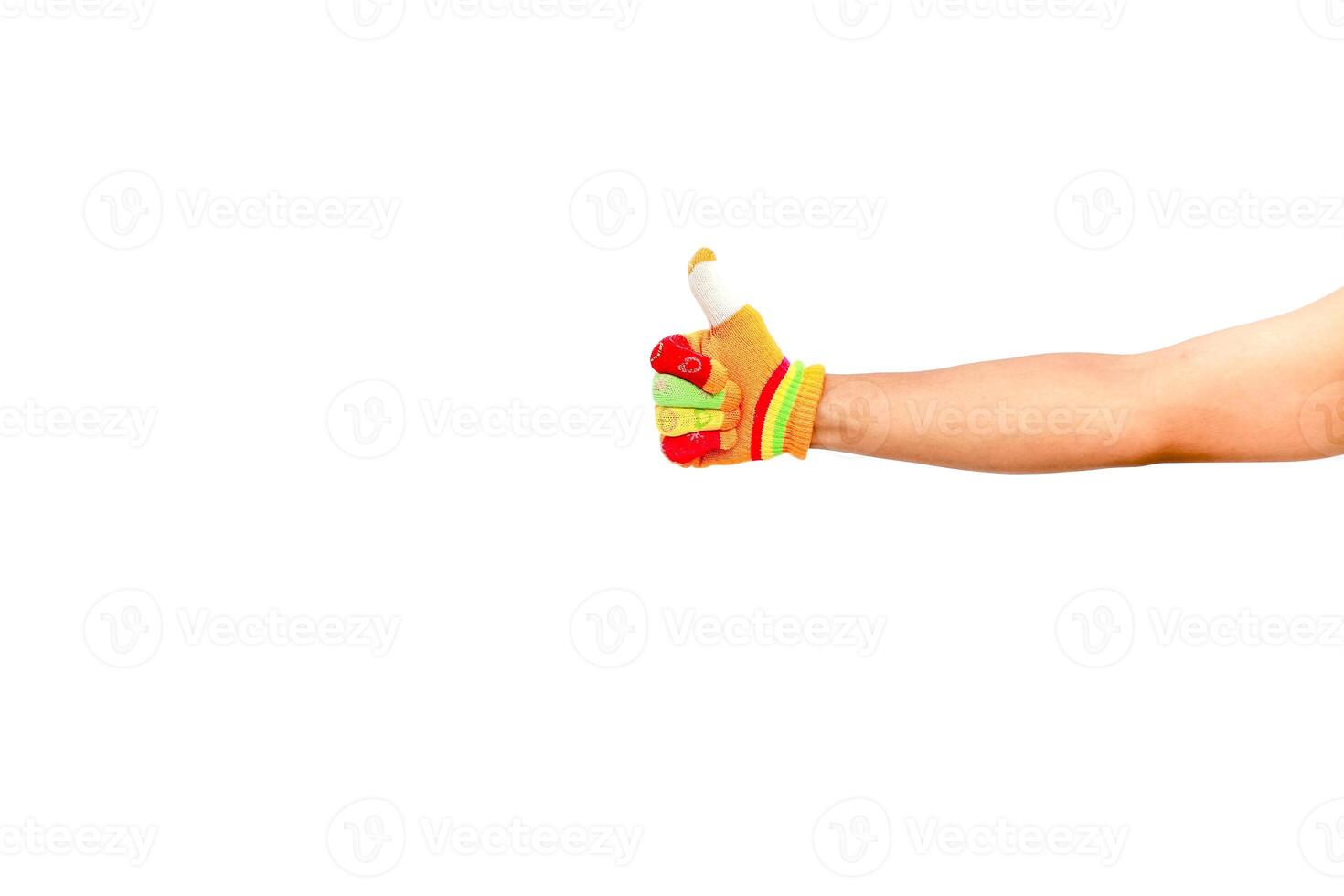 Hand wearing colorful glove giving a thumbs up gesture on a white background representing positivity photo