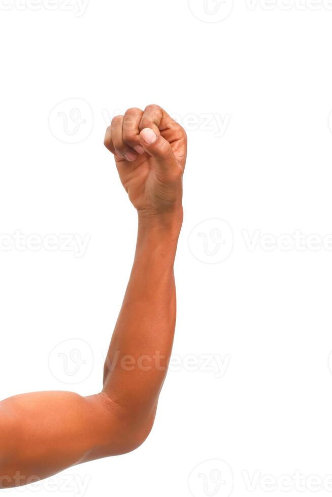 A powerful fist raised in solidarity and defiance against a clean white background with strong arm photo
