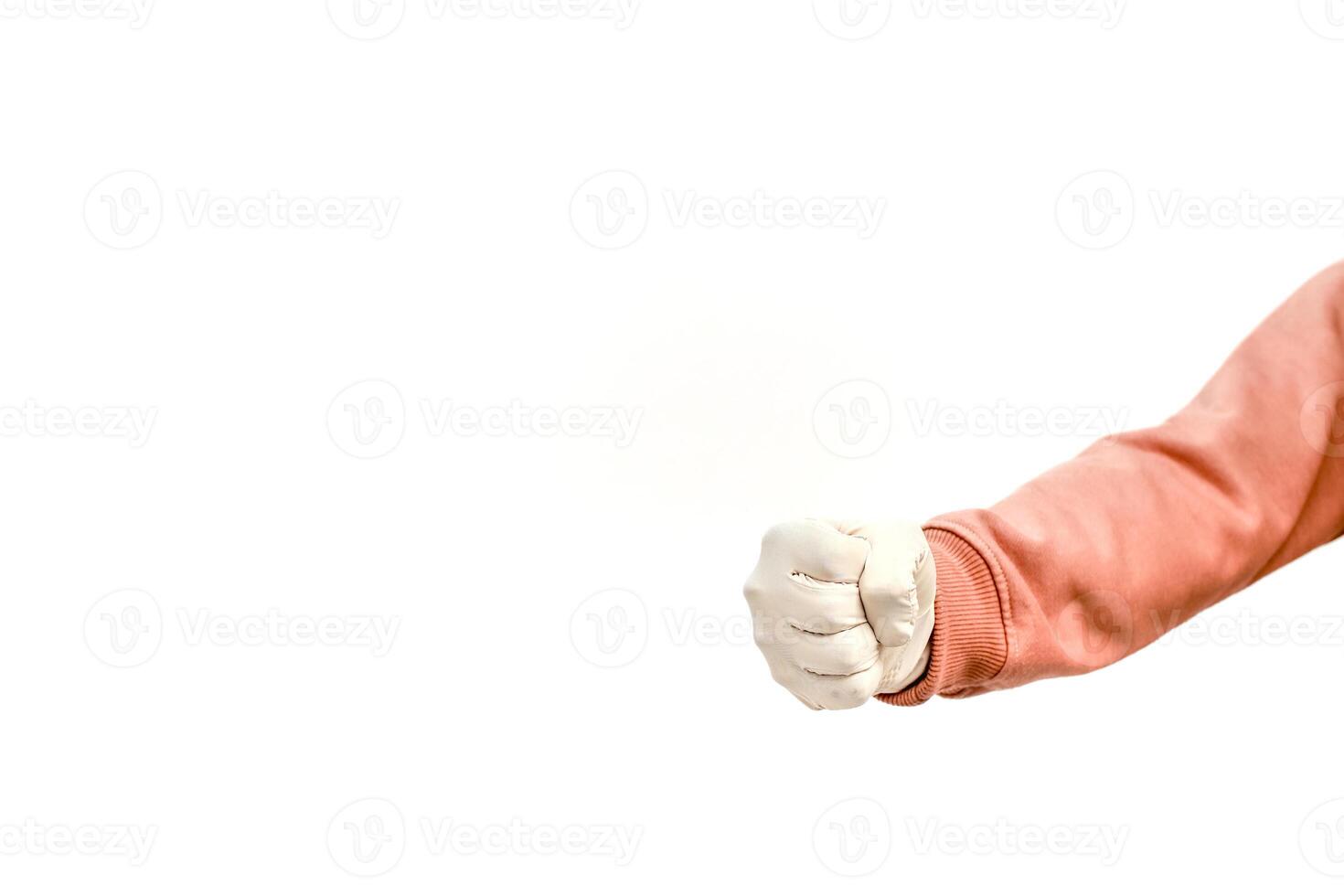 Close-up of a Caucasian Arm with a Fist on a White Background for Stock Photo Use