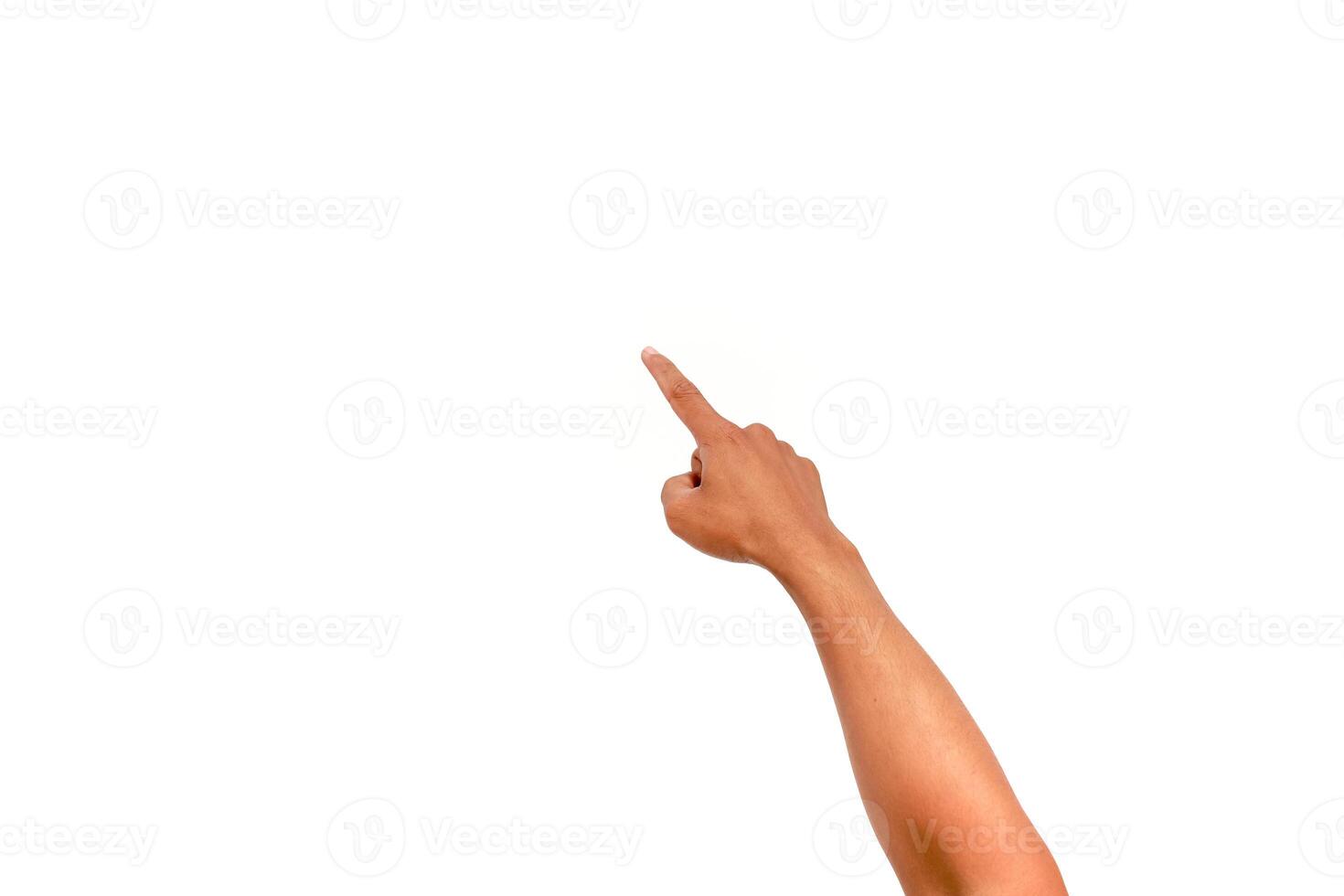 An isolated image featuring a human arm with a finger pointing upwards on a white background, ideal for design and presentation usage photo