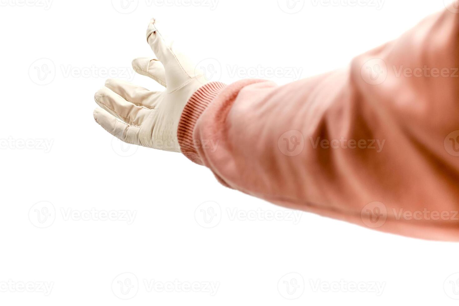 Outstretched Hand Wearing Protective Glove Against White Backdrop, Seeking Assistance photo