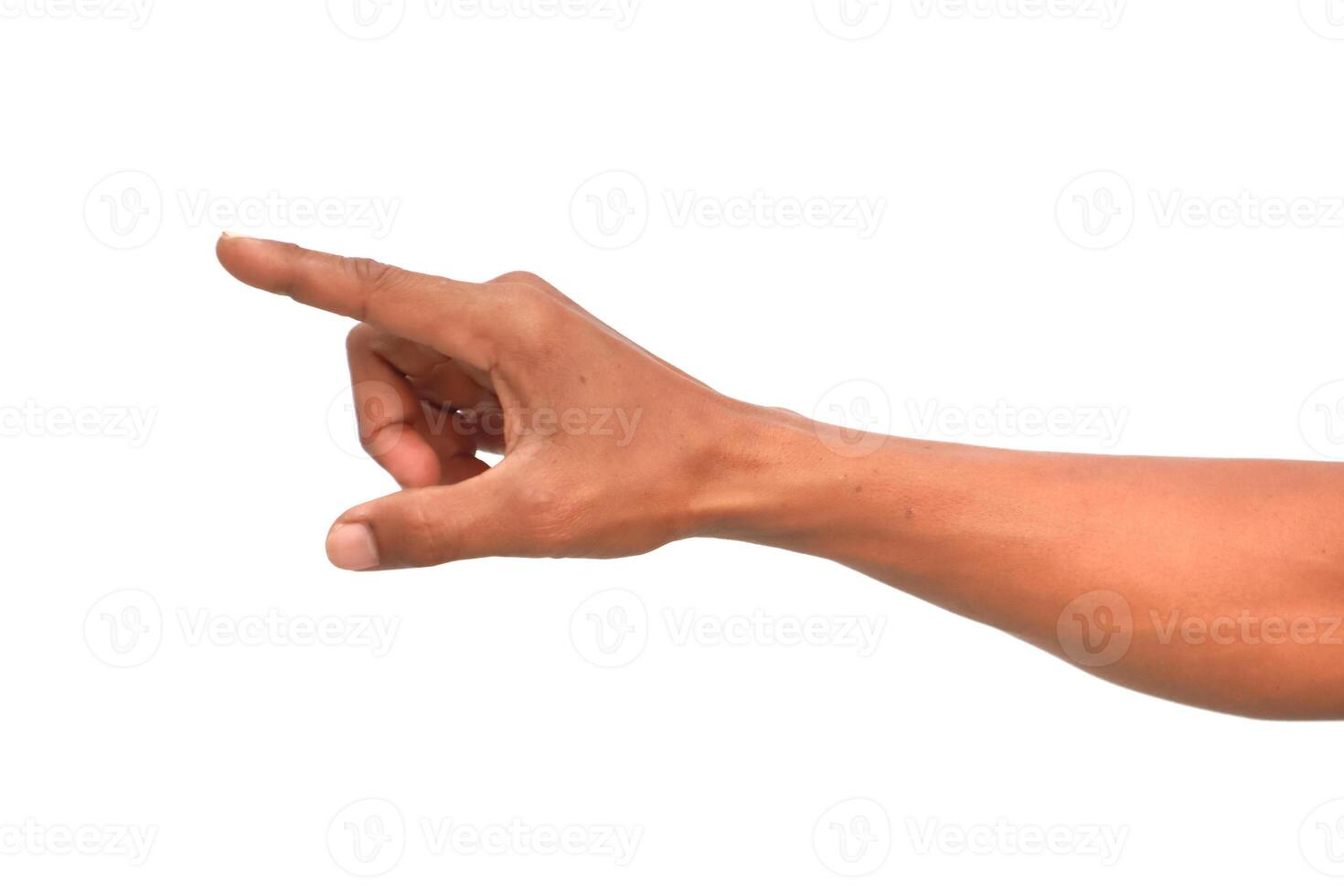 A close-up studio shot of a brown skinned hand pointing on an isolated white background, ideal for indicating directions or making a choice photo