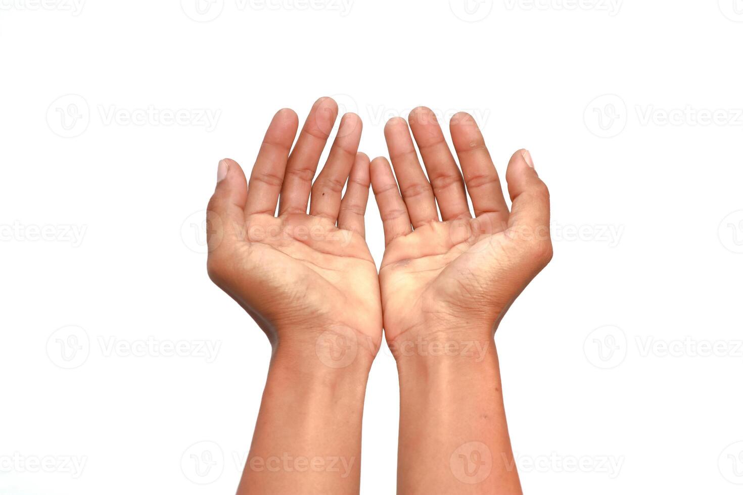 Two open hands reaching upwards isolated on a white background conveying supplication or offering photo