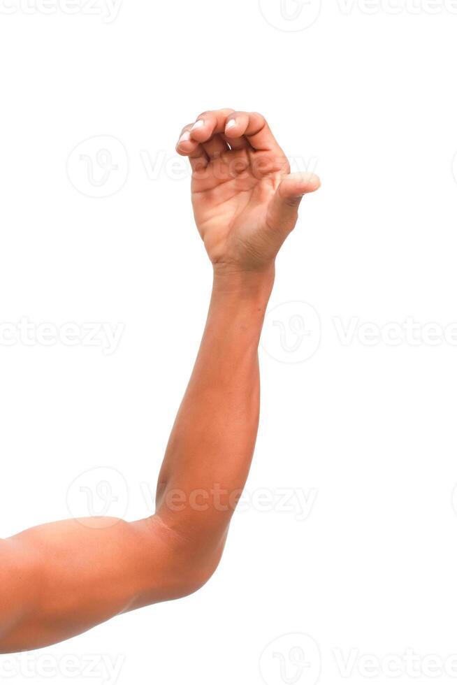 Human arm and hand extended upward in a grabbing or holding gesture against white background photo
