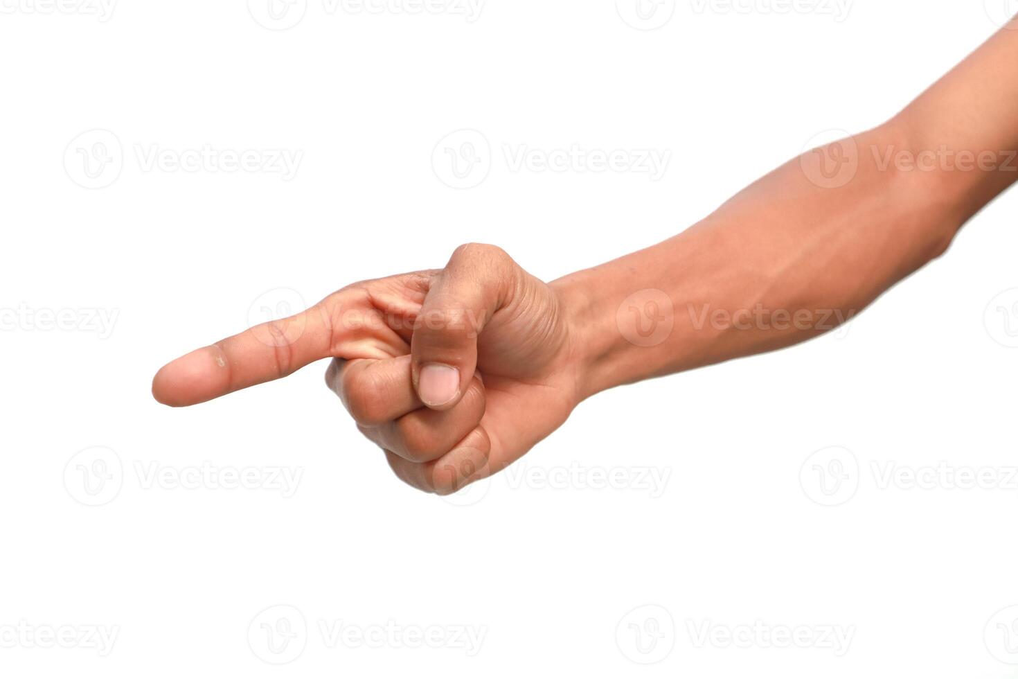 Isolated pointing hand with arm indicates a direction on a white background, emphasizing direction and clarity photo