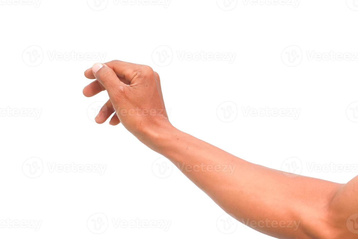 Isolated arm and hand of a person reaching for something against white background in studio shot photo