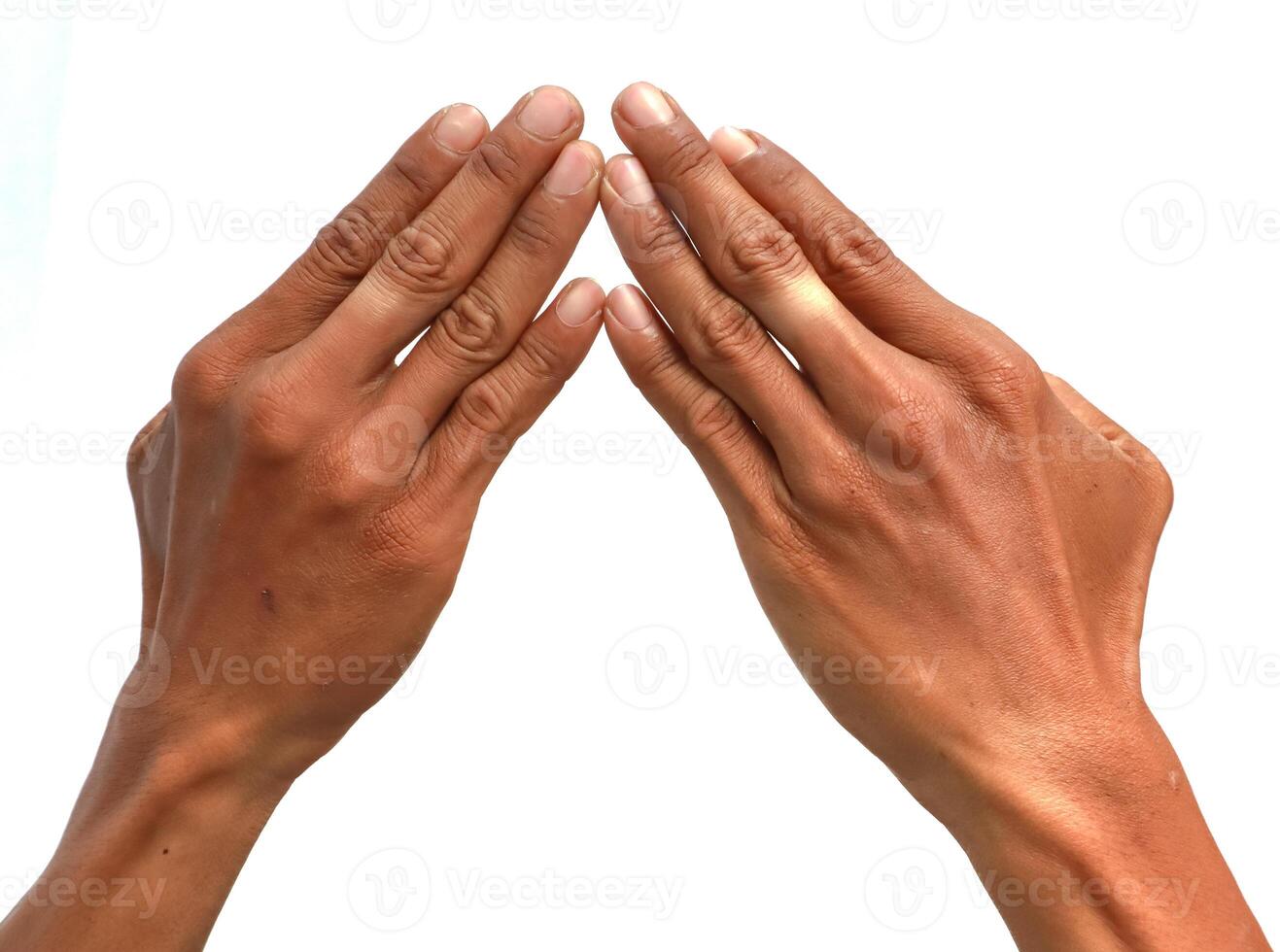 Two hands forming a peak or roof gesture against a clean white background, studio shot photo