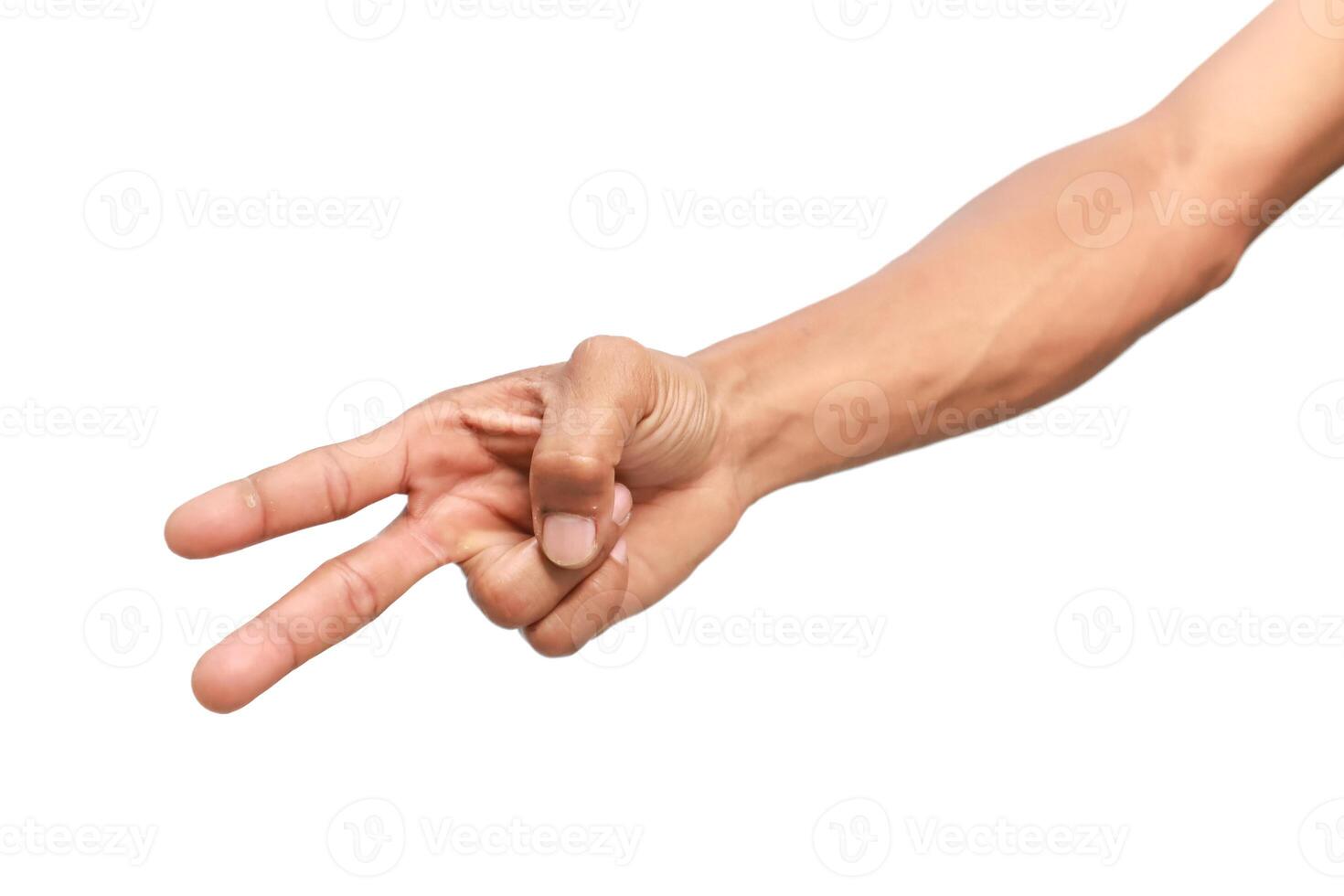 Hand with two fingers extended, representing peace, victory or the number two isolated against white background photo