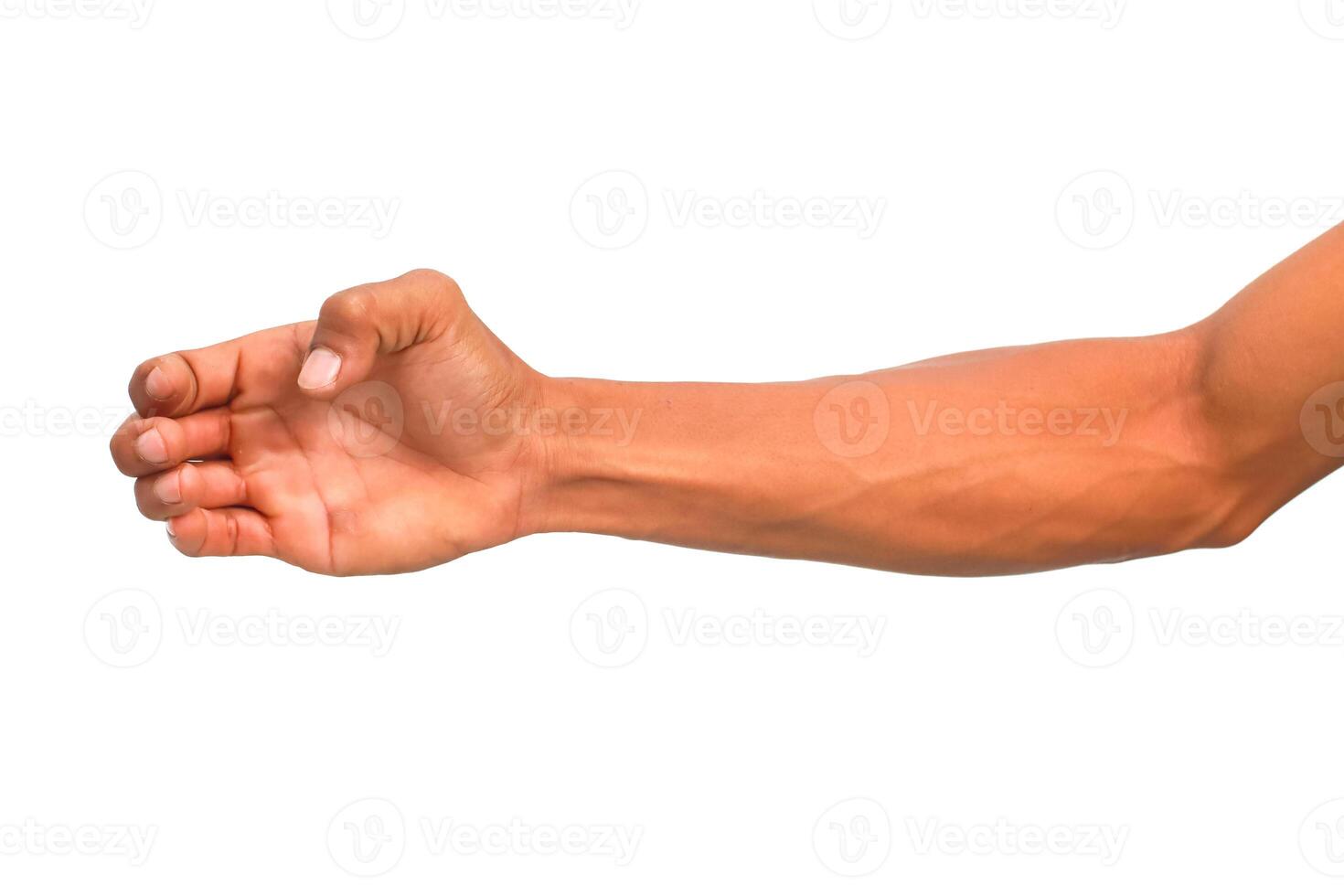 Isolated human arm with hand in gripping gesture on white background for design element showcasing strength photo