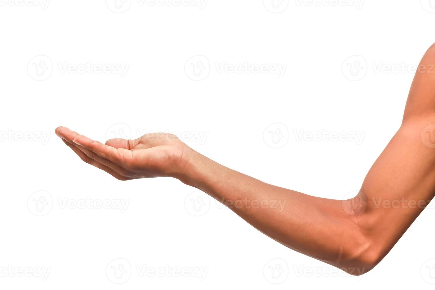 Isolated human arm with an open palm facing upward, ready to receive or present something photo