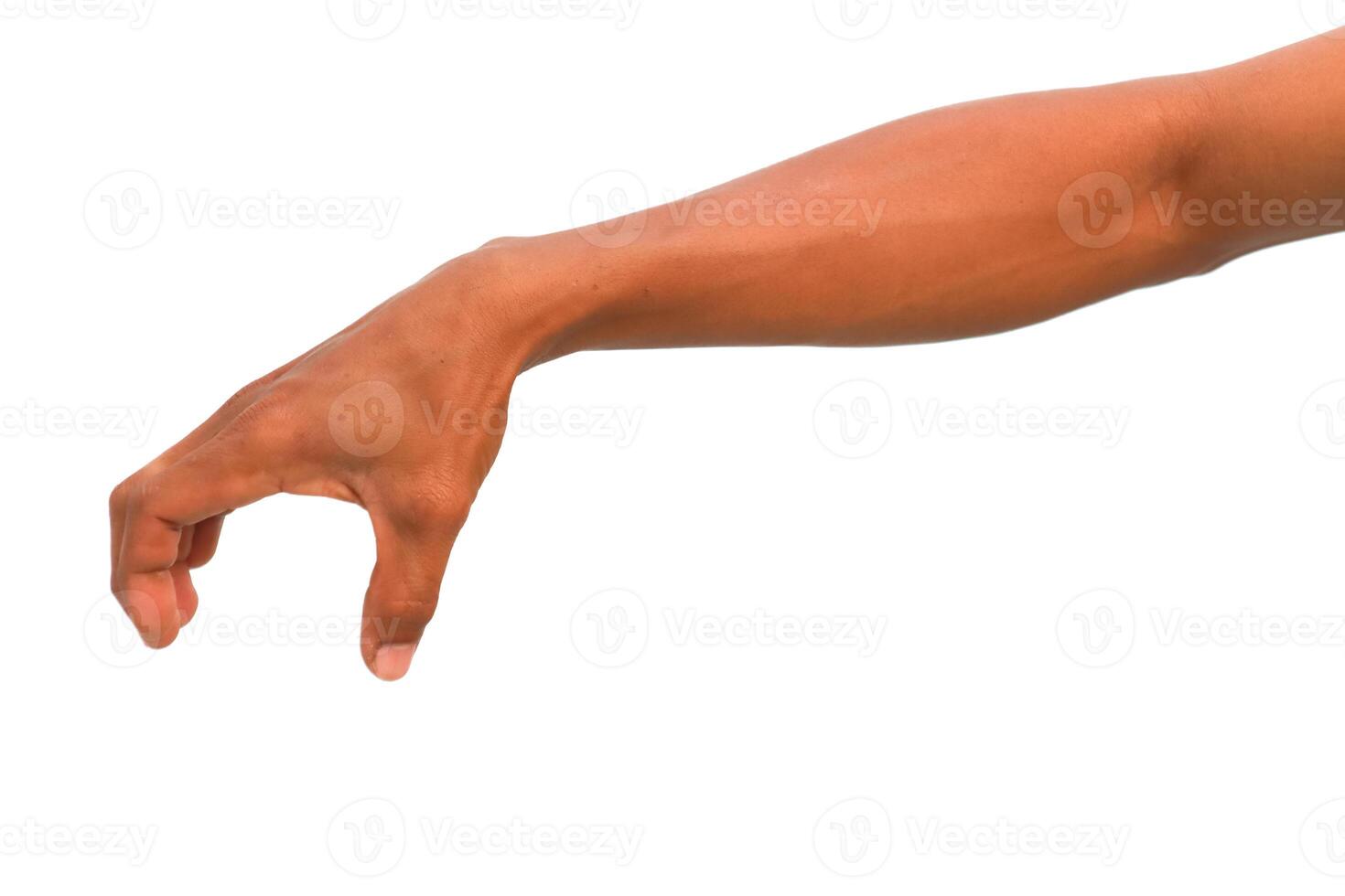 Isolated arm and hand of a person in the grabbing position against white background, providing diverse representation photo