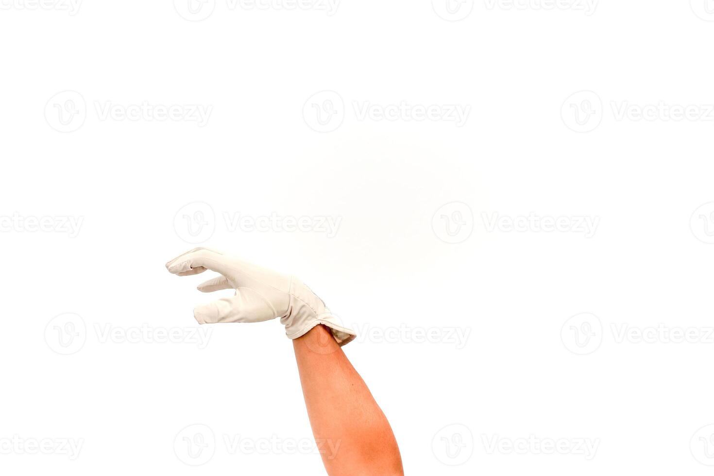 Isolated Arm and Hand in Surgical Glove Extending Reach on a White Background photo