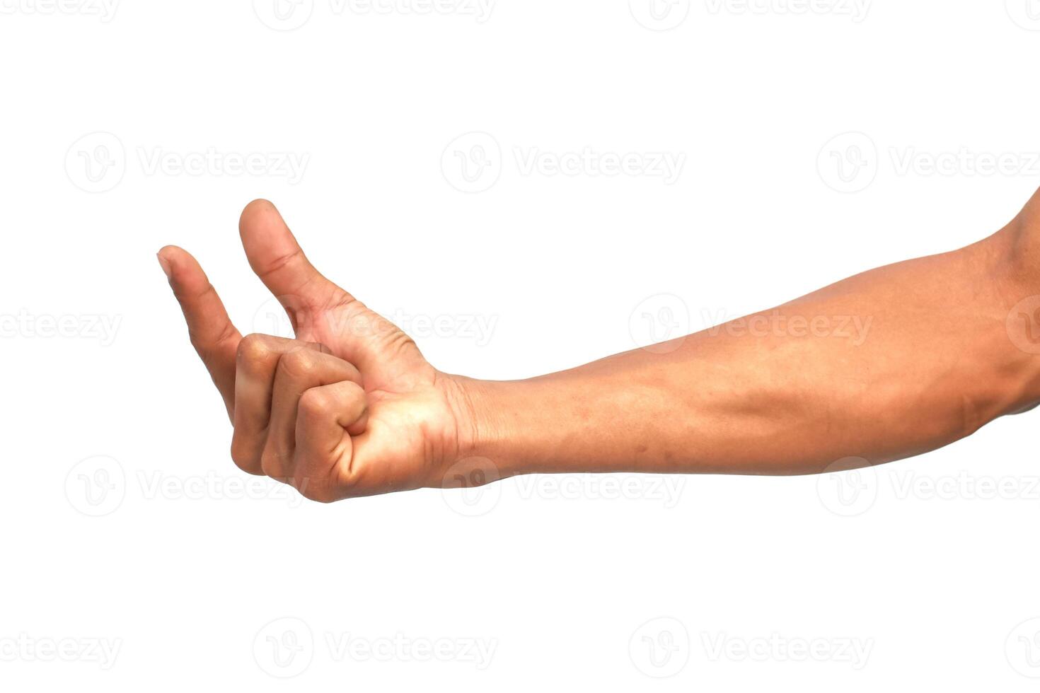 A Man's Arm and Hand Gesture on a White Background Symbolizing Something Small or Tiny photo