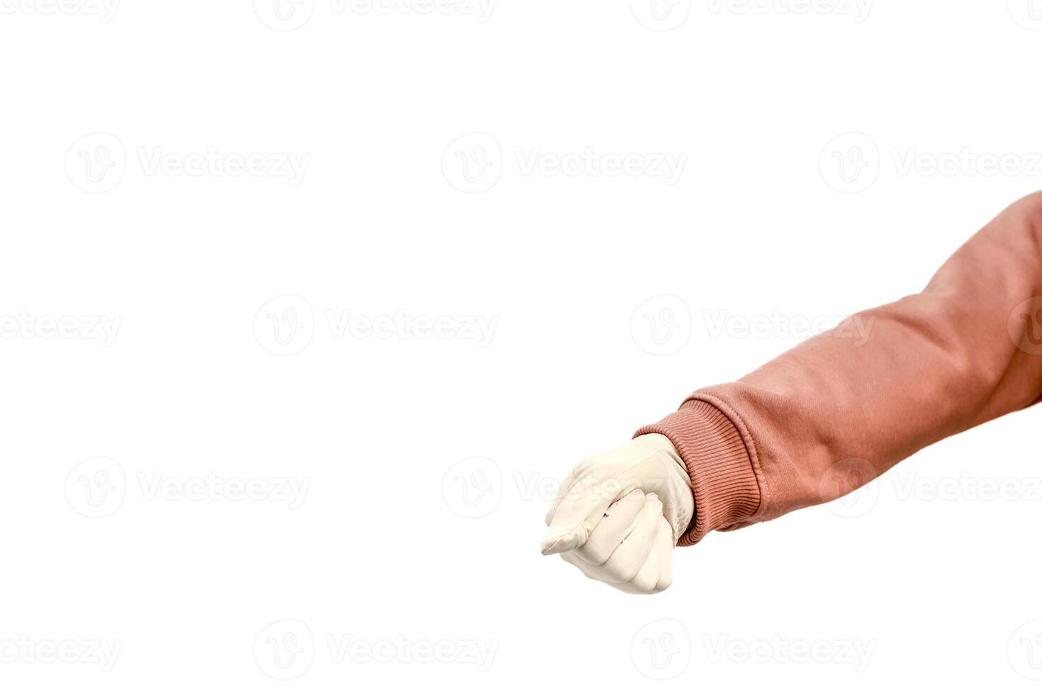 Arm in pink sleeve with white gloved hand pointing on a white background studio shot photo